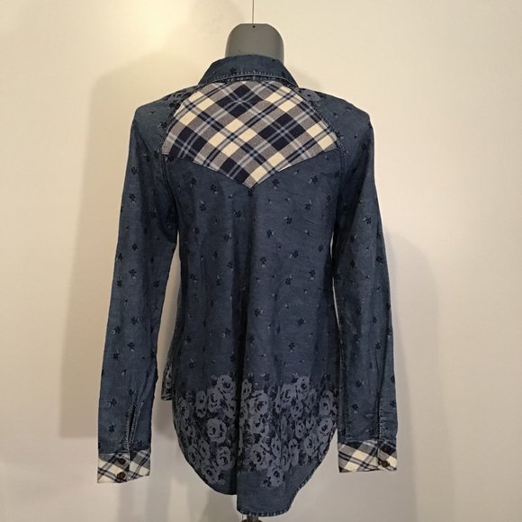 Free People Dottie Over You Chambray Button Up Floral and Plaid Blouse Size S - Picture 5 of 14